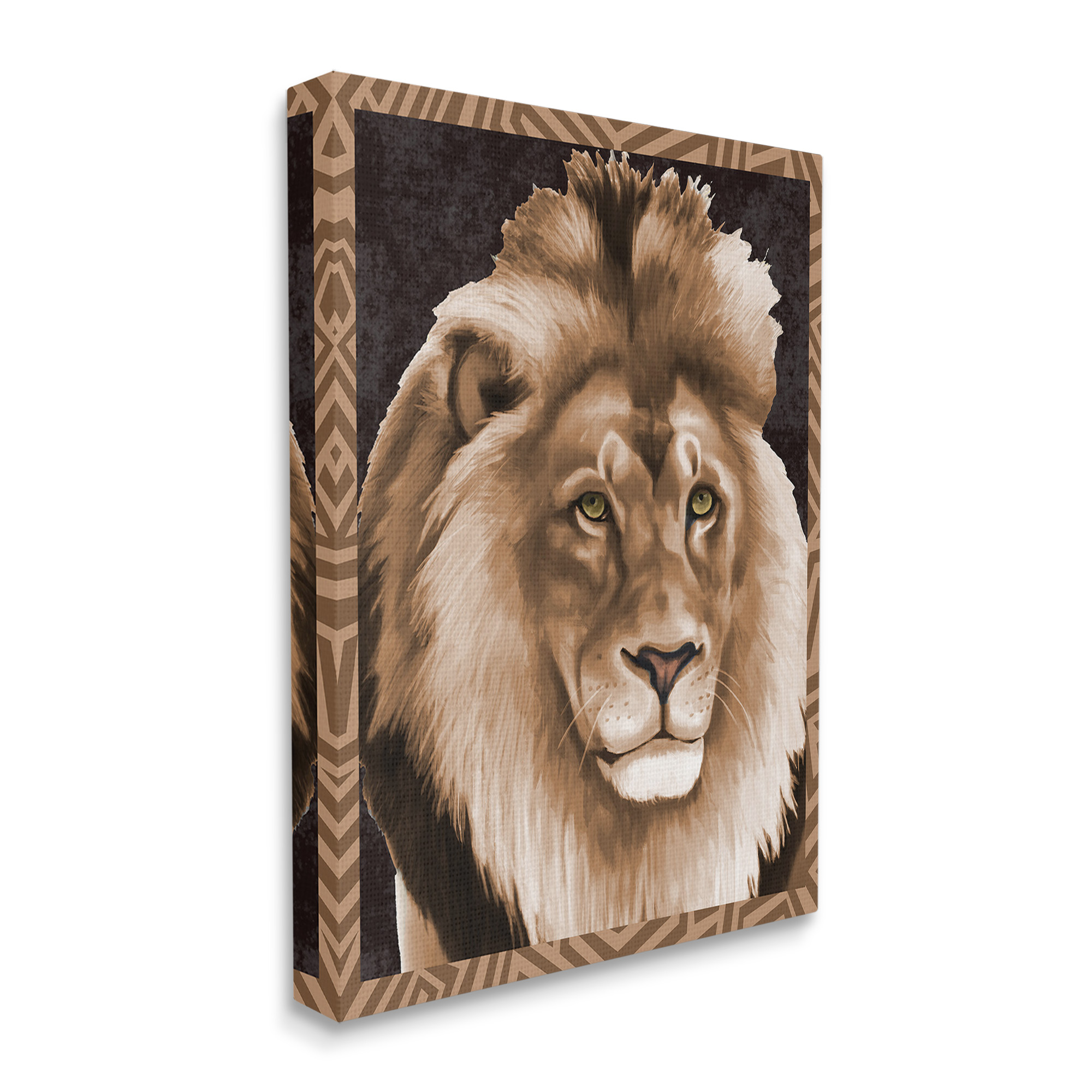 Stupell Industries Lion with Geometric Border Animals & Insects Painting Gallery Wrapped Canvas Art Print Wall Art, 36 x 48