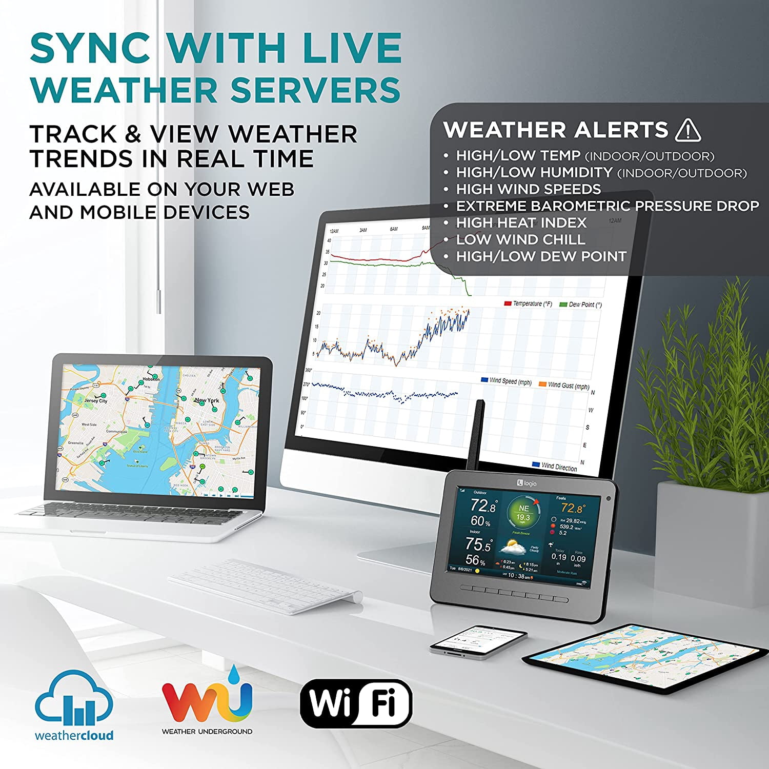 Logia 7-in-1 Wireless Self-Charging Weather Station with Wi-Fi, Solar Cell & 7” LCD HD Display