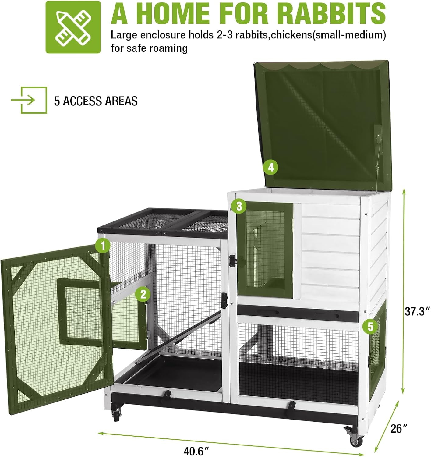 Aivituvin Rabbit Hutch Indoor Rabbit Cage with Wheels Outdoor Bunny House 2 Story Guinea Pig Cage with Leakproof Tarp Roof Black