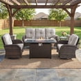 thumbnail image 2 of Patiobula Patio Furniture Set with Propane Fire Pit Table, 5 Pieces Outdoor Sectional Couch, Brown Wicker Rattan Conversation Sofa with Swivel Chair for Garden Backyard Deck, Beige, 2 of 14