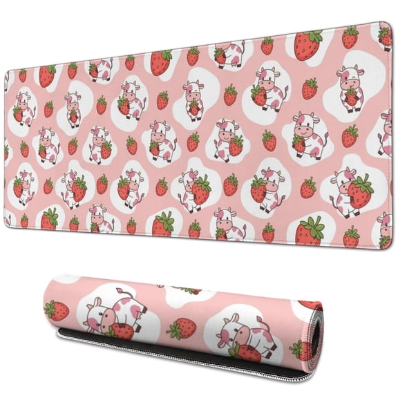 Long Mouse Pads for Desk,Pink Cow Strawberry Desk Mats on Top Of Desks, Desk Mouse Pad Extra Large with 3mm Non-Slip Base and Stitched Edge for Gaming,Work,Home 31.5"x11.8"