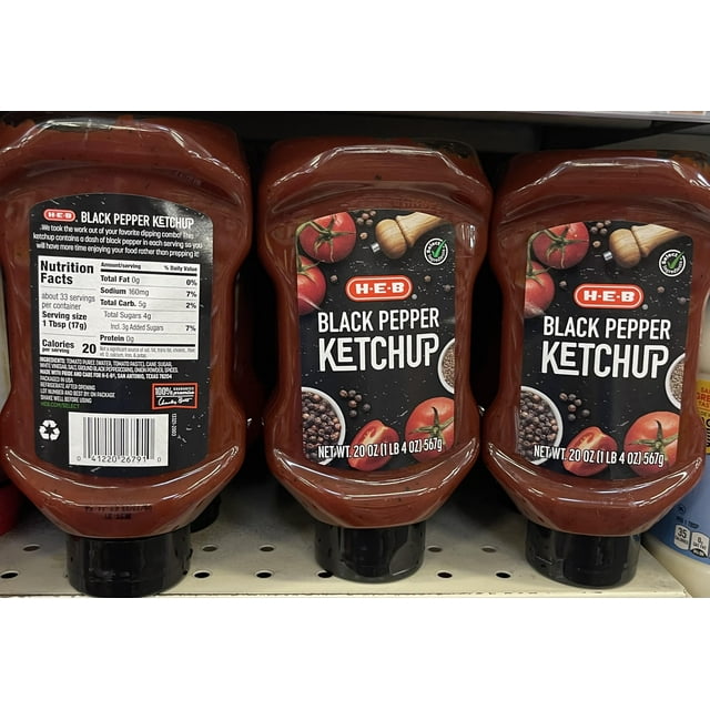HEB Black Pepper Ketchup 20 oz bottle. Pack of 3