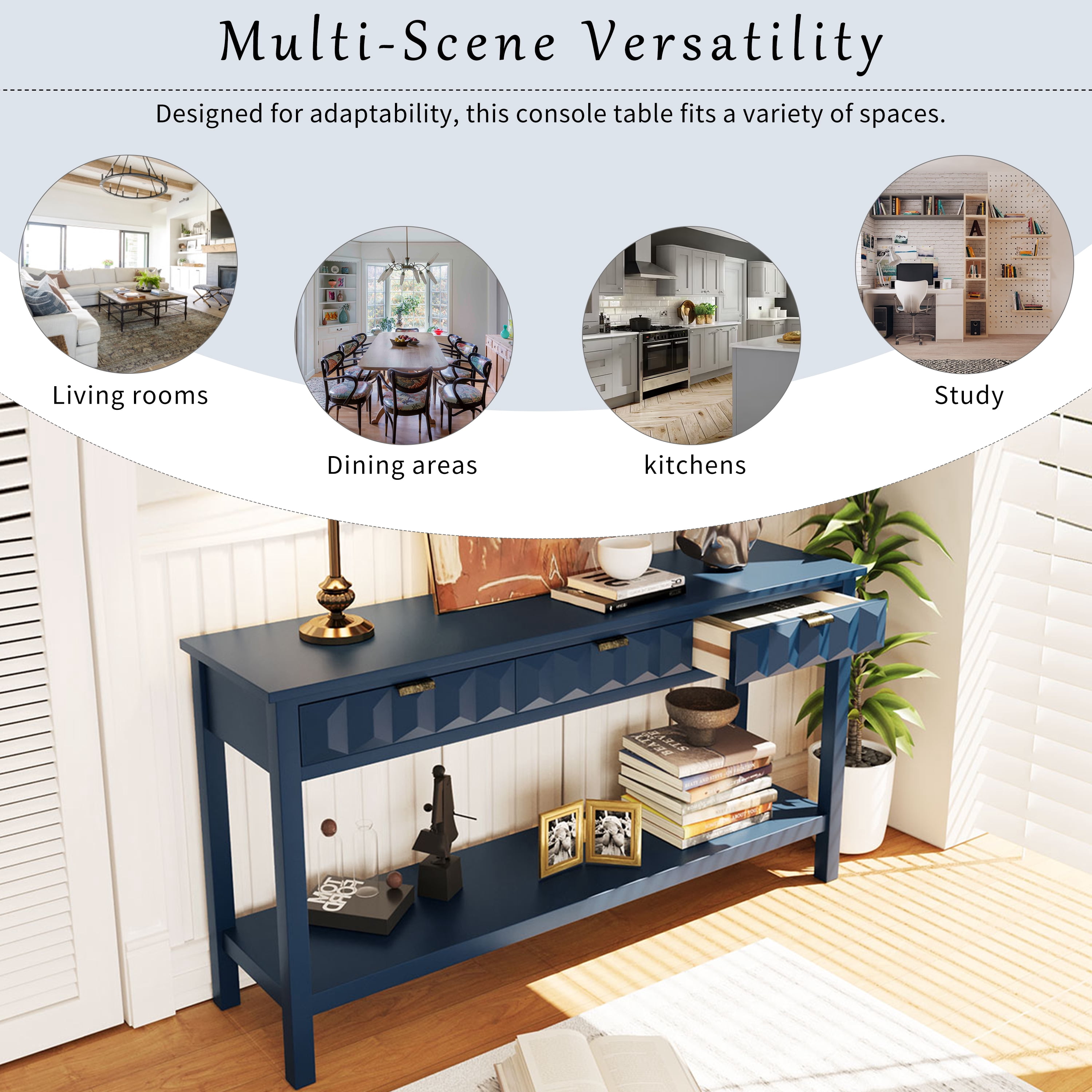 EUROCO 60" Modern Console Table,Narrow Long Sofa Table with 3 Drawers,Open Storage Shelf and Honeycomb Design,Hallway Foyer Table Behind Couch Table for Entryway, Living Room,Foyer,Navy Blue