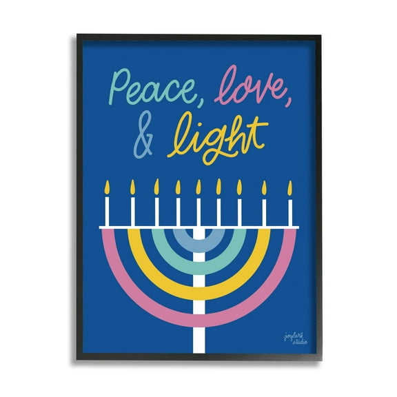 Stupell Industries Peace Love & Light Casual Holiday Hanukkah Menorah Graphic Art Black Framed Art Print Wall Art, Design by Jess Baskin