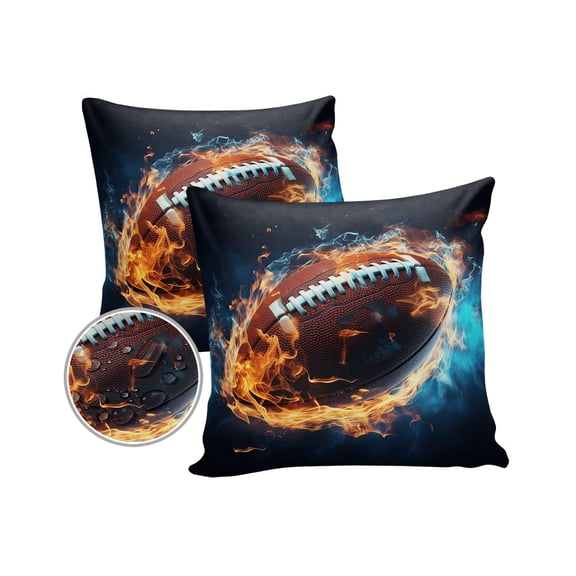 Pack of 2 Outdoor Pillow Covers, Sport Football with Fire Waterproof Square Throw Pillowcase Cushion Decorative Pillow Covers for Couch Patio Tent, 16x16 in