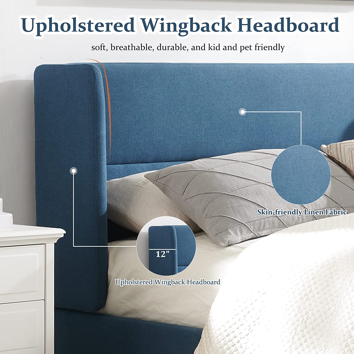 Relax & Rejuvenate Full Size Lift up Storage Bed, Upholstered Platform Bed Frame with Modern Linen Fabric Wingback Headboard, Wood Slats Support, Noiseless, Easy Assembly, No Box Spring Needed, Blue