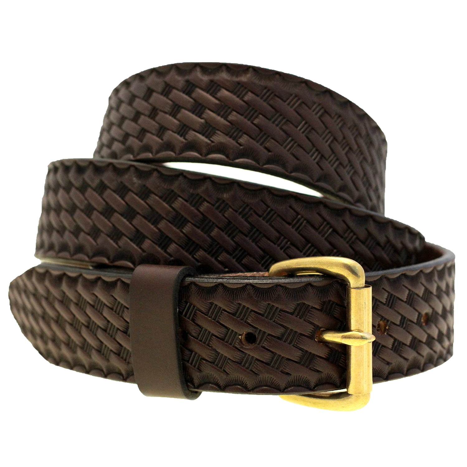 Mens 1 1/2 Dark Brown English Bridle Leather Belt Embossed Basket Weave