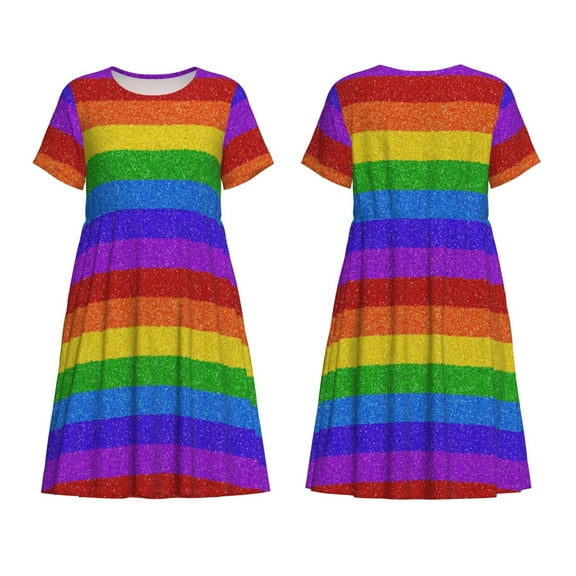 Horeoi Colorful Glitter Rainbow Print Women's Short Sleeve Dress Breathable Polyester-Spandex All-Over Print A-Line Side Pockets Elastic Waist