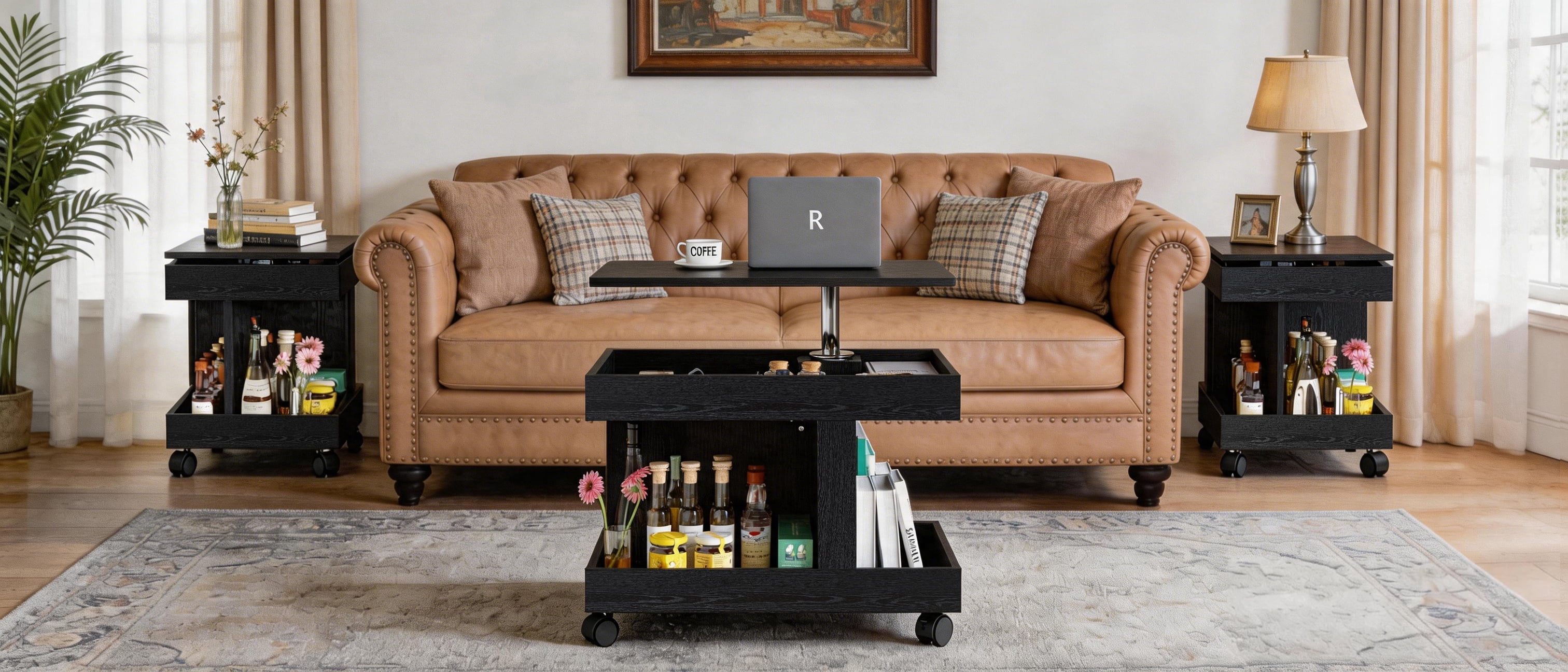 Small Coffee Table with Wheels, 360° Rotating Desktop Multi-Functional Side Table, Rolling End Table with Storage Compartment, Mobile Bedside Table for Living Room Bedroom Home Furniture, Black