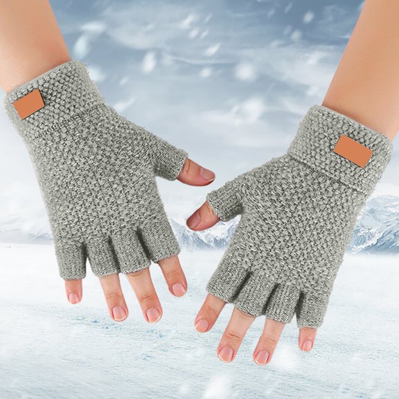 Sales Today Women's Winter Fingerless Gloves GIJNRIUIUA Under $4 Half Finger Warm Knit Gloves for Adult Thickened Open Finger Outdoor Jacquard Gloves for Cycling Gray Gloves & Mittens