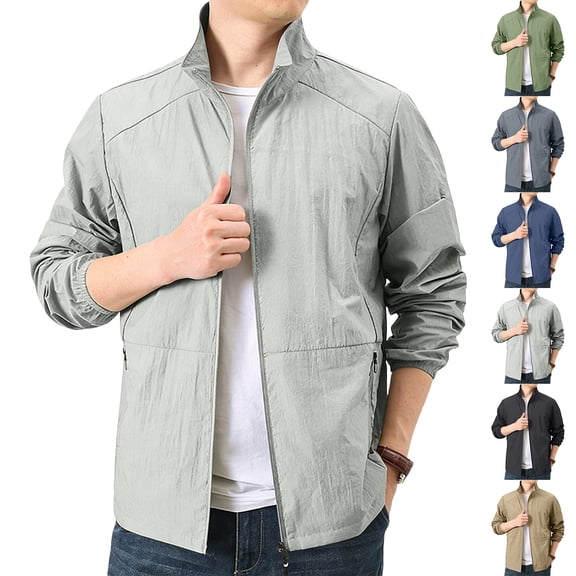 UPF 50 Lightweight Sun Protection Jacket for Men - Breathable Quick-Dry Windbreaker with Stand Collar - Packable Outdoor Fishing & Hiking Coat Army Green L