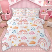 Homewish Watercolor Rainbow Clouds Full Size Comforter Sets,Colorful Stars Graffiti Bedding Comforter Set,Pink White Bedding Sets For Girl Kids,Breathable Home Decor Reversible,3pcs