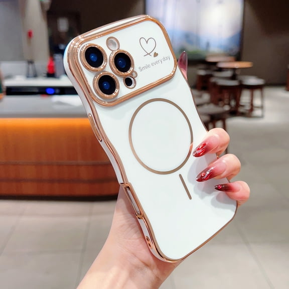 For iPhone 16 Pro Case for Women Girls [Compatible with MagSafe] Cute Curly Wave Shape, Magnetic Love Heart Pattern with Camera Lens Cover Luxury Plating Shockproof Phone Case,White