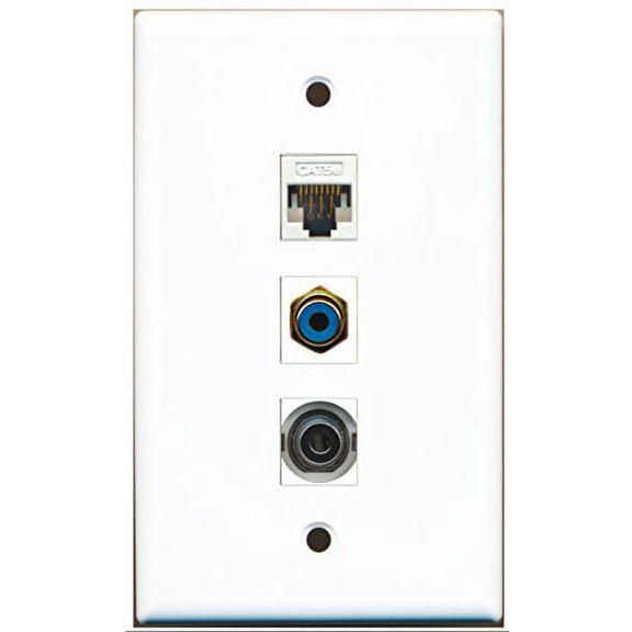 RiteAV - 1 Port RCA Blue and 1 Port 3.5mm and 1 Port Cat5e Ethernet White Wall Plate