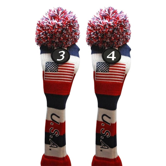 USA Majek Golf #3 & 4 Hybrid Headcovers Pom Pom Knit Limited Edition Vintage Classic Traditional Flag Stars Red White Blue Stripes Retro Head Cover