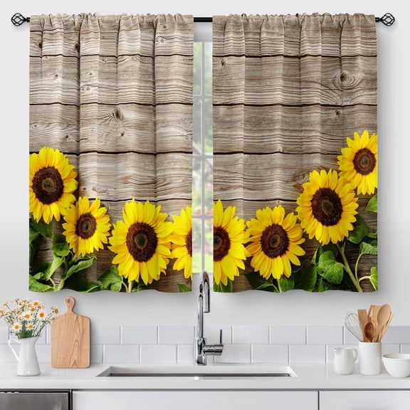 Wooden Barn Door Kitchen Curtains - Sunflower Rustic Country Wood Vintage Floral Short Cafe Tier Curtains Decor Farmhouse Retro Rod Pocket Window Drapes 36 Inch Length 2 Panel Set, 28"x36"