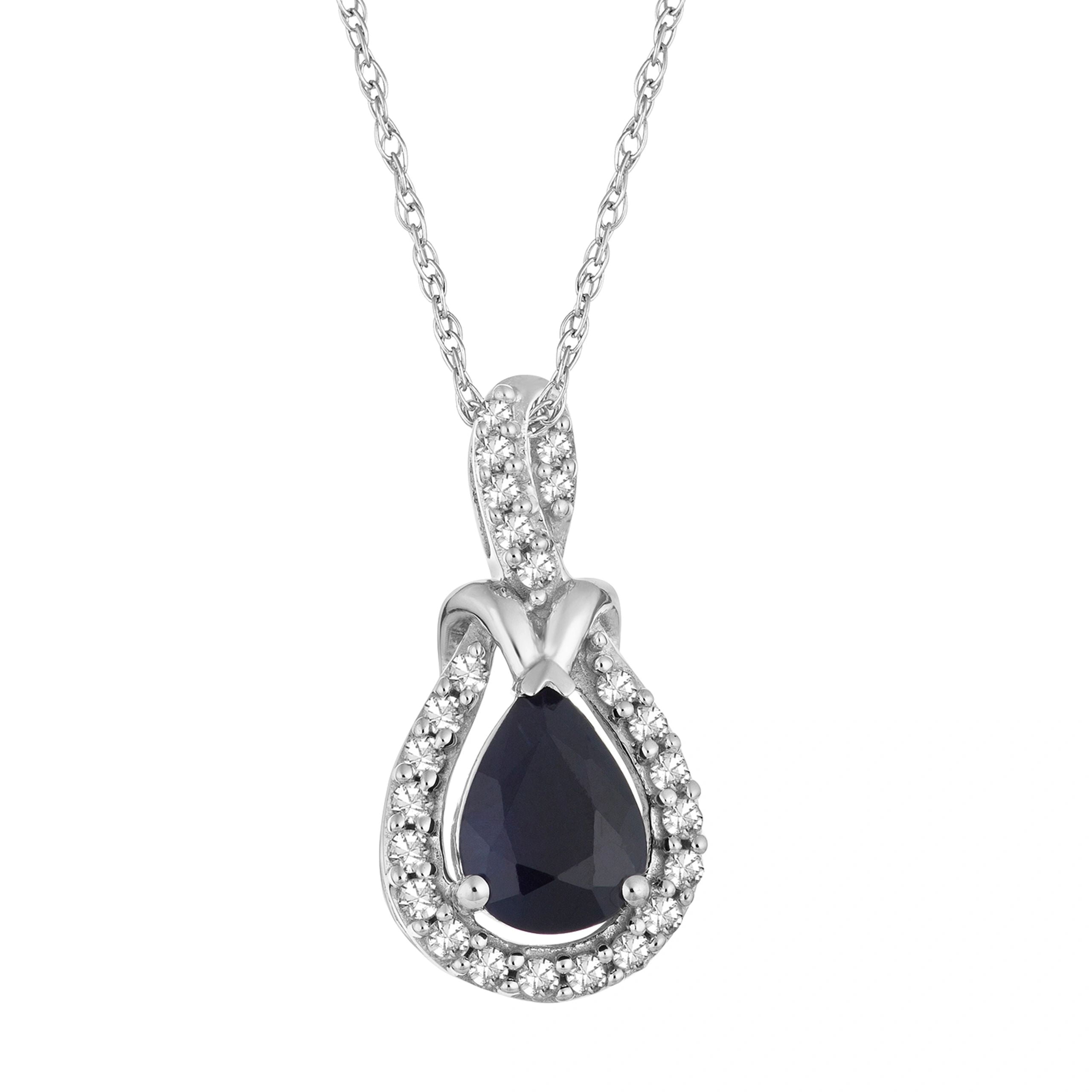 10k White Gold Sapphire & 1/8 Carat T.W. Diamond Halo Pendant Necklace