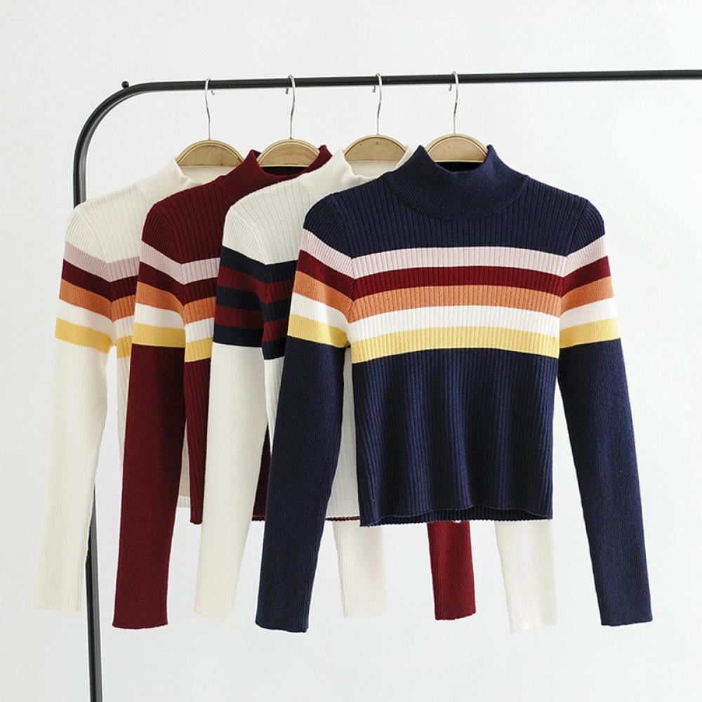 Sweater Women fashion New Sweet Rainbow stripe Round collar Long sleeves sweater