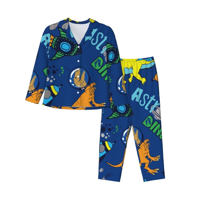 Balery Dinosaur In Space Conjunto de Pijama con Estampado para Mujer, Conjunto de Dos Piezas con Manga Larga, Ropa de Dormir Suave con Bolsillos, Pijamas Cómodos-Large