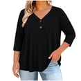 thumbnail image 3 of KyCheLot Women's V Neck Tops Fall Button Plus Size 3/4 Length Sleeve Solid Color Clothes Comfy Loose Hiking Tops, 3 of 6
