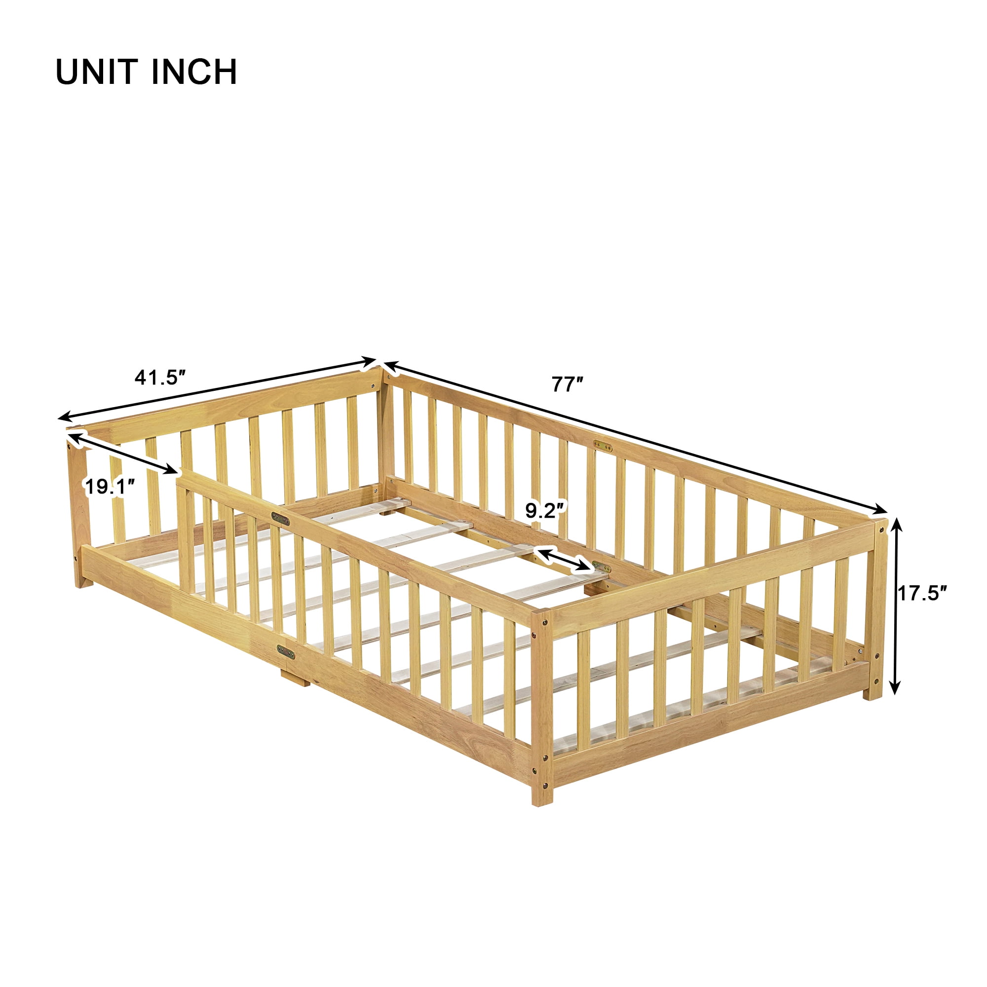 Alvantor Twin Size Montessori Floor Bed for Kids with Rails, Rubber Wood Toddler Bed Frame Low to Ground, No Box Spring Needed, Natural