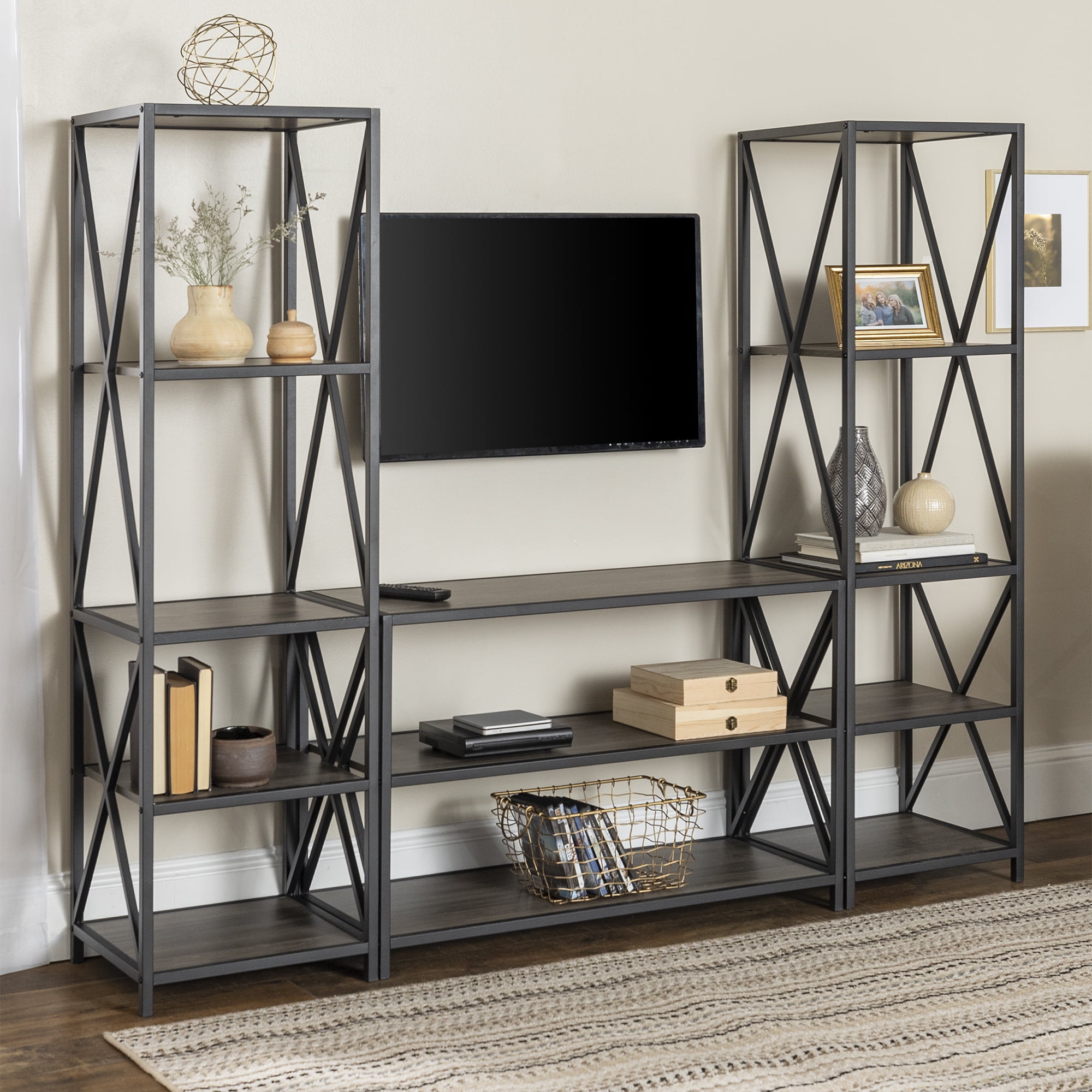 Manor Park Industrial Open Shelf Entertainment Center, Slate Grey