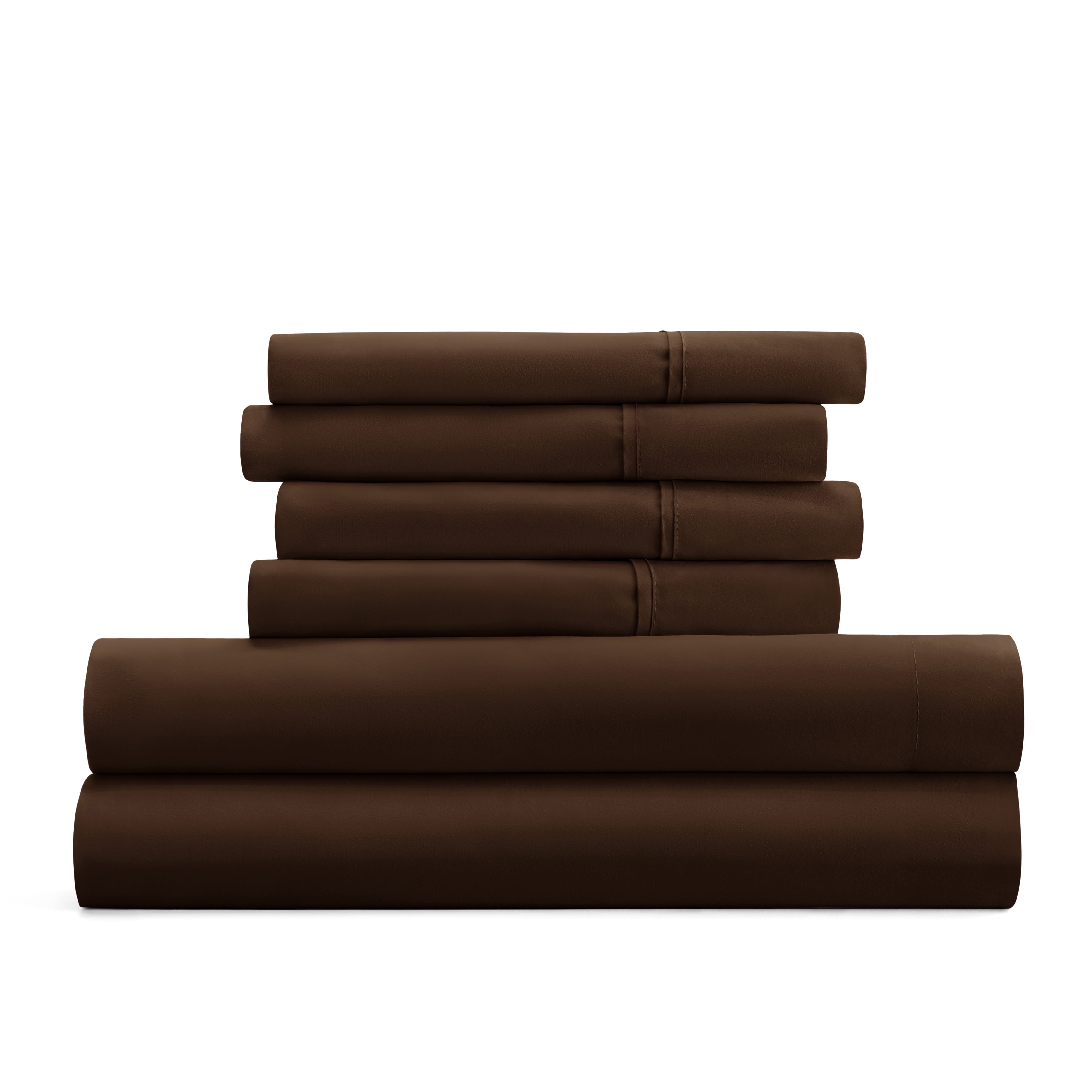 King, Chocolate Solid Microfiber 6 Piece Bed Sheet Set, by Noble Linens