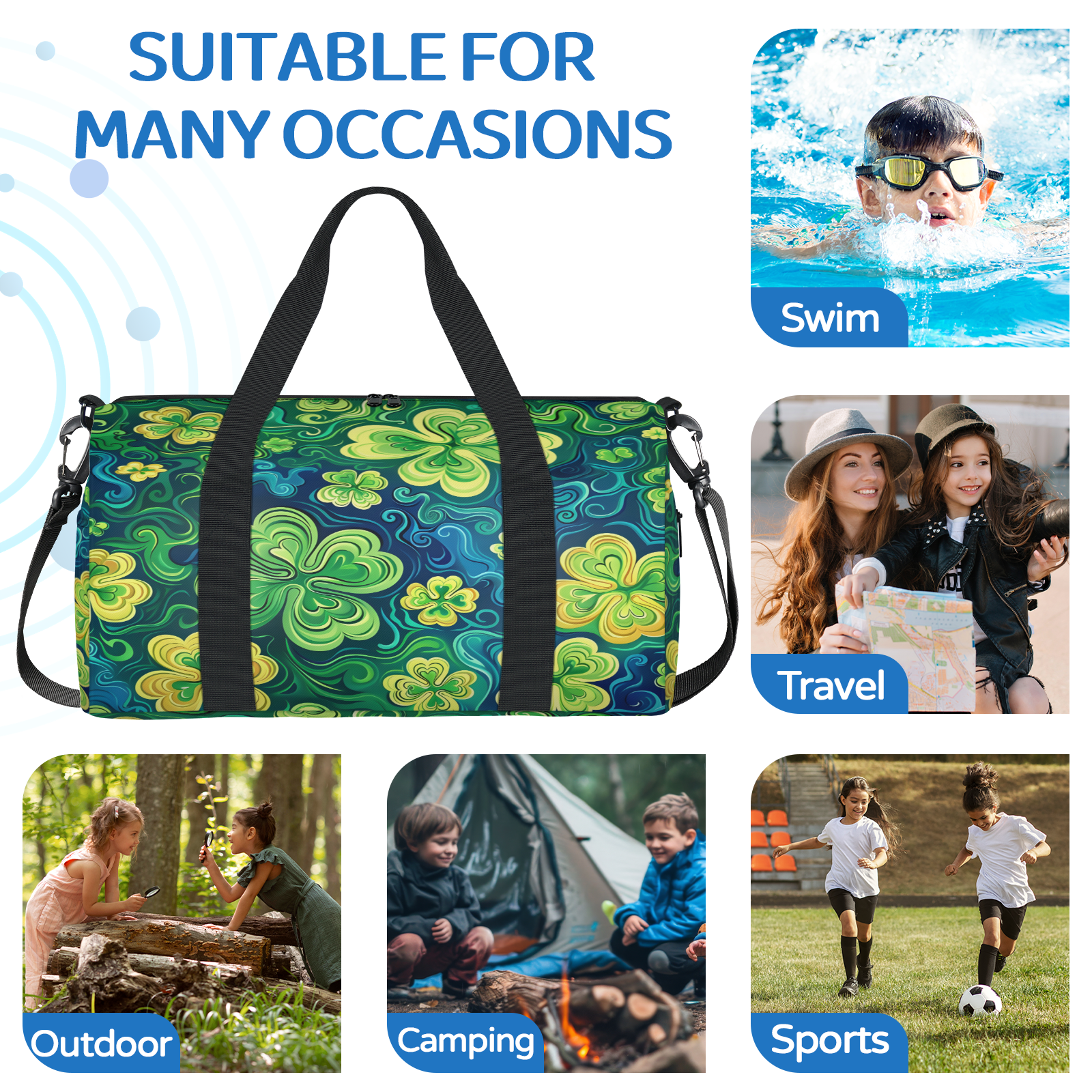 Herdesigns St Patricks Day Gym Bag for Women, Duffle Bag for Travel Sport, Lucky Clover Shamrock Lightweight Waterproof Carry on Weekender Dance Yoga Workout Bags