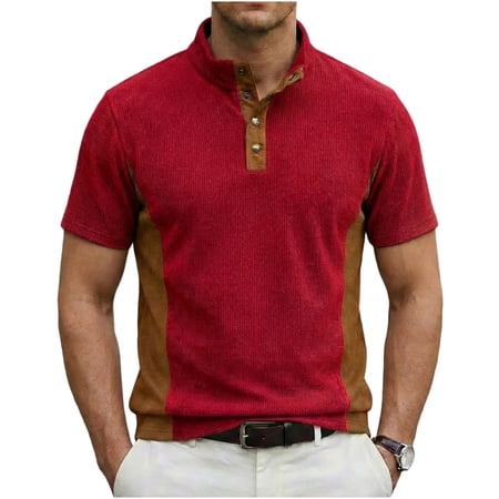 USNSM Henley Shirts for Men Short Sleeve Colorblock Button Collared Golf Shirt Casual Stylish Breathable Comfort Basic Tees Red M