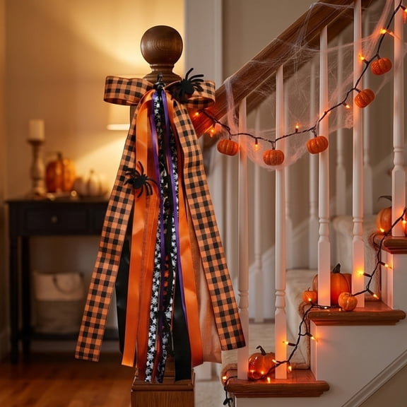 Halloween Door Hanger Bow Decorative Ribbon, Durable Wreath Bow with Arachnid Accents Plaid Streamers for Front Door Porch Wall Party Decor Fall Harvest Thanksgiving Ornament