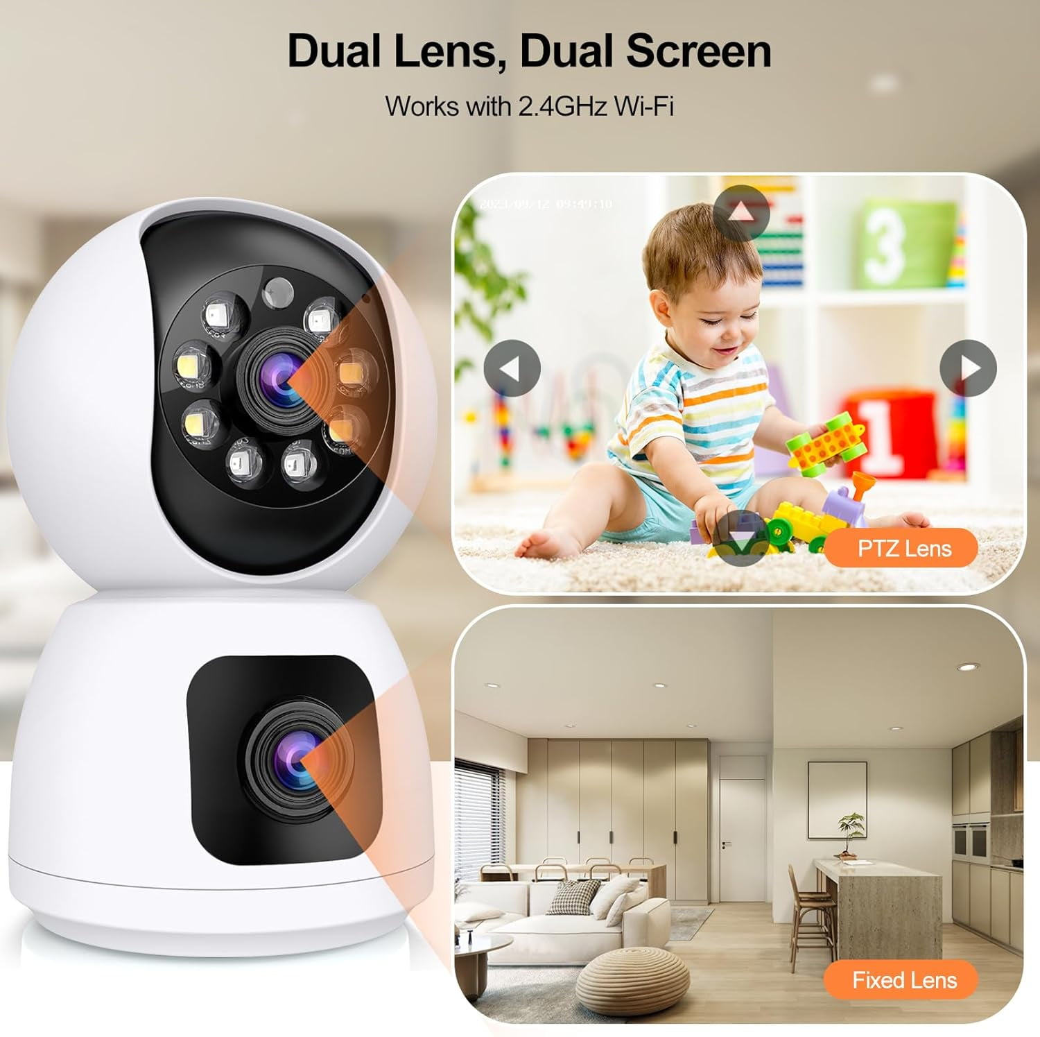 KunMing 2.4GHz WiFi Indoor Security Camera, 2K Dual Lens for Home, Baby, and Pet Monitoring with Night Vision, Motion Detection, Two-Way Audio, Siren, Cloud & SD Card Storage