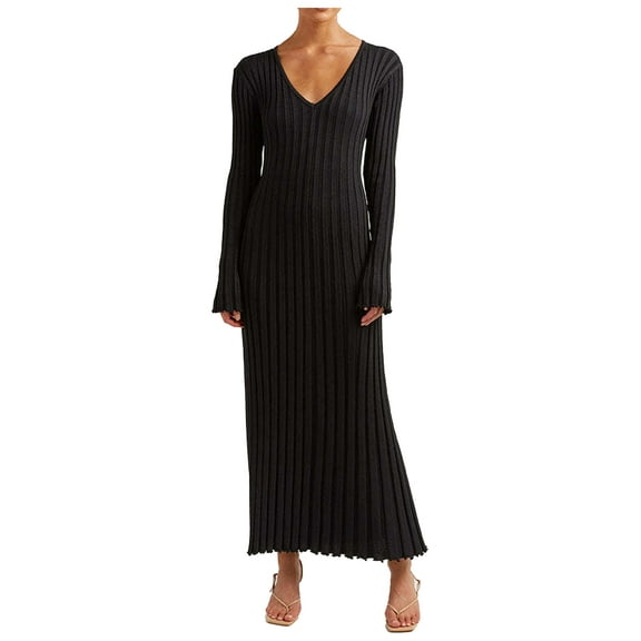 XXXITICAT Women's Ribbed Knit Long Sleeve Sweater Maxi Dress V Neck Striped Casual Fitted Long Dresses(BL,S)