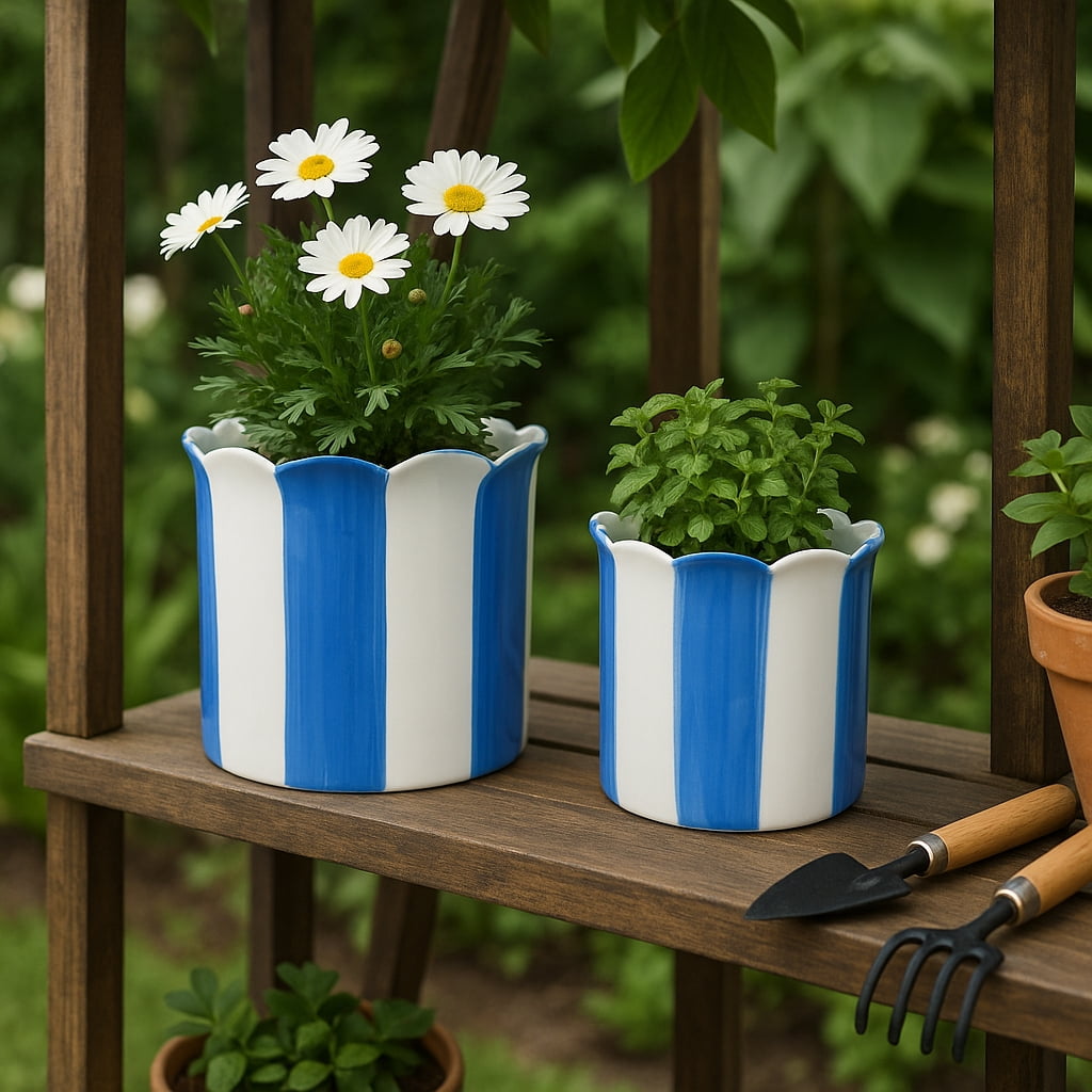 Ceramic Scalloped Striped Flower Pots for Home Decor - Decorative Planters for Indoor and Outdoor Plants - Plant Pots for Living Room and Garden Decor - Set of 2, 7", 6", Blue & White