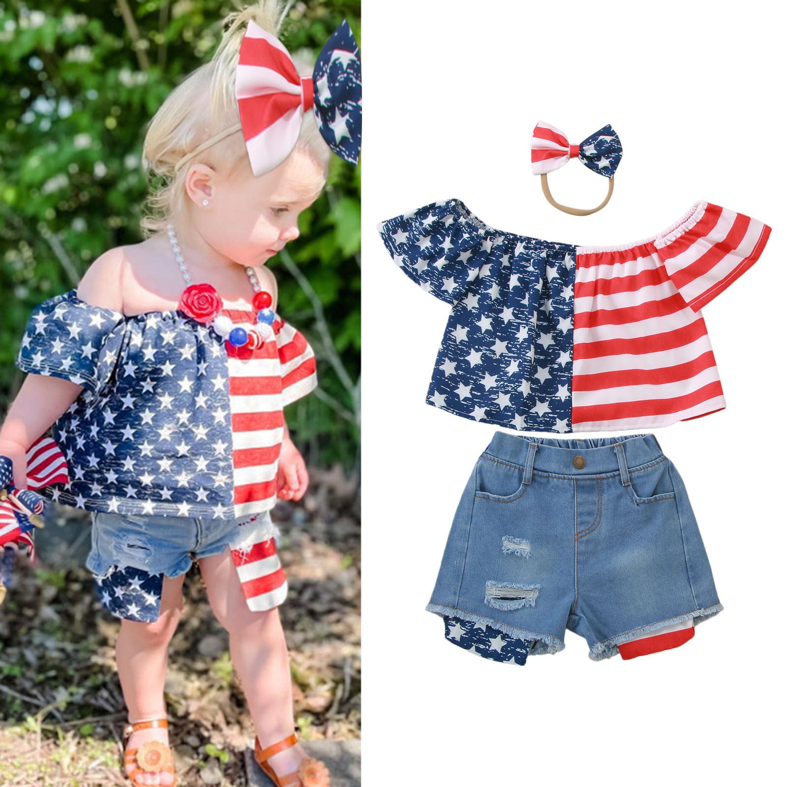 Utlike Girls Outfit Denim Shorts Sets Summer Independence Day Short Sleeve Top Shorts Headbands 3Pcs 4Th Of July Outfits Clothing Set Size 12 Months-18 Months