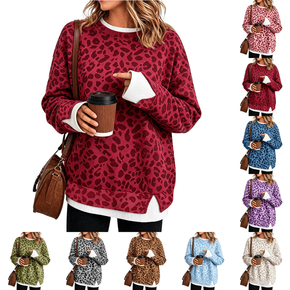 Crew Neck Sweatshirts Women Oversized Fall French Terry Layered Pullover Sweatshirt Fake Two‑Piece Tops Pullover Casual Split Hem Top