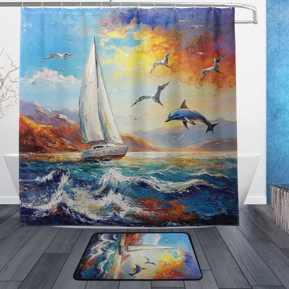 BZSMCE Shower Curtain and Bath Accessory Set,Sailing Into Serenity Pattern