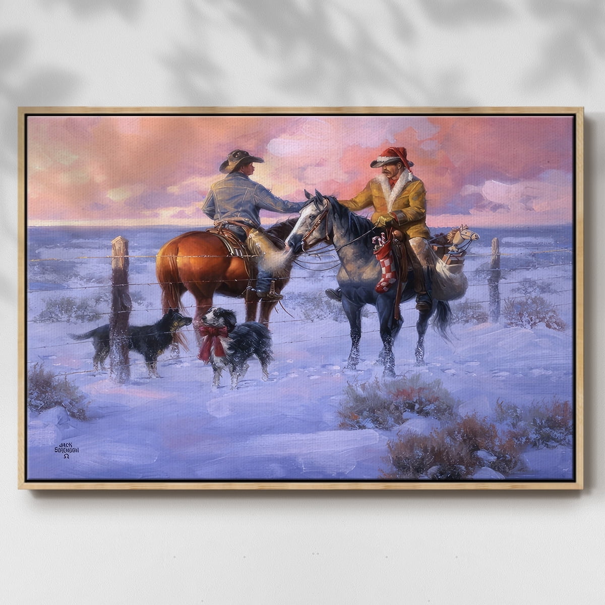 Sharin' Christmas with the Neighbors - Framed Gallery Wrapped Holiday Canvas - 25 x 37 - Natural Wood Frame