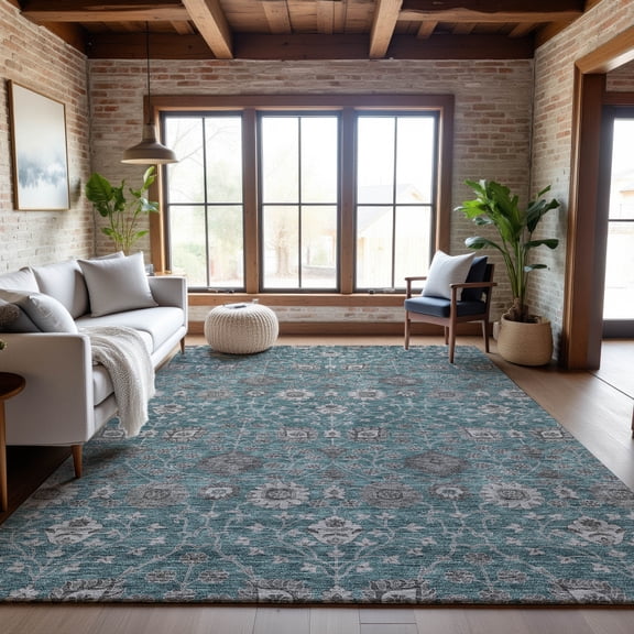 Addison Rugs Mayfield Premium Machine Washable Transitional Floral Teal Rectangle Rug, 5' x 7'6"