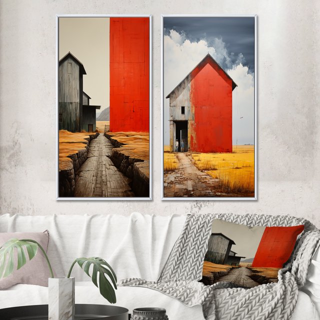 Designart "Paysage Granges Collage Rural V" Granges Encadrées Ensemble d'Art Mural de 2 - Architecture Rouge Encadrée Ensemble de Toile pour la Décoration du Salon