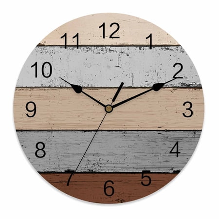 Wall Clock 12 Inch Farmhouse Rustic Wood Texture Round Silent Decorative Wall Clocks Battery Operated for Living Room Bedroom Kitchen Classroom Decor, Brown Grey,Large