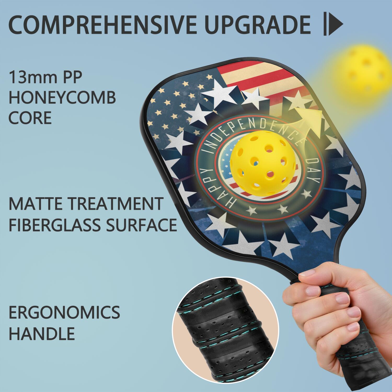 Pickleball Paddles Set Of 2, Fiberglass Surface, USA, Independence Day Print, 4 Balls & Bag