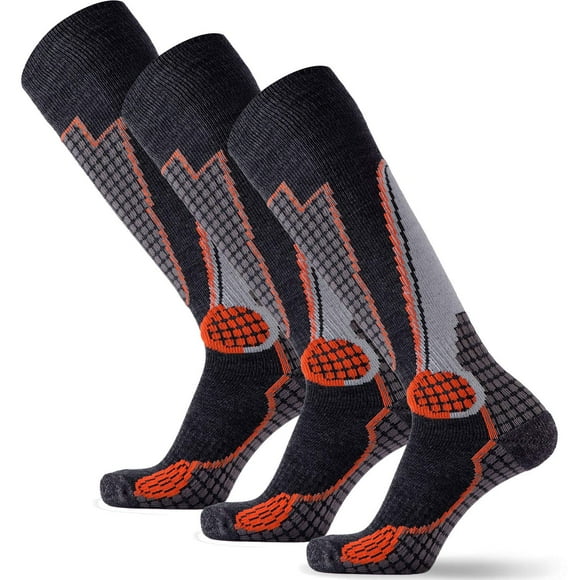 Pure Athlete Chaussettes de Ski en Laine Haute Performance - Chaussettes Thermiques Chaudes en Laine Mérinos OTC, Hommes Femmes (3 Paires - Noir/gris/orange, Petit)