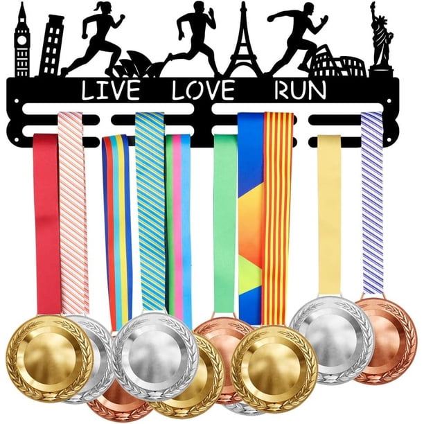 Exhibidor de medallas deportivas "Vive, ama, corre" para más de 40 medallas. Soporte de pared con ganchos decorativos de hierro.