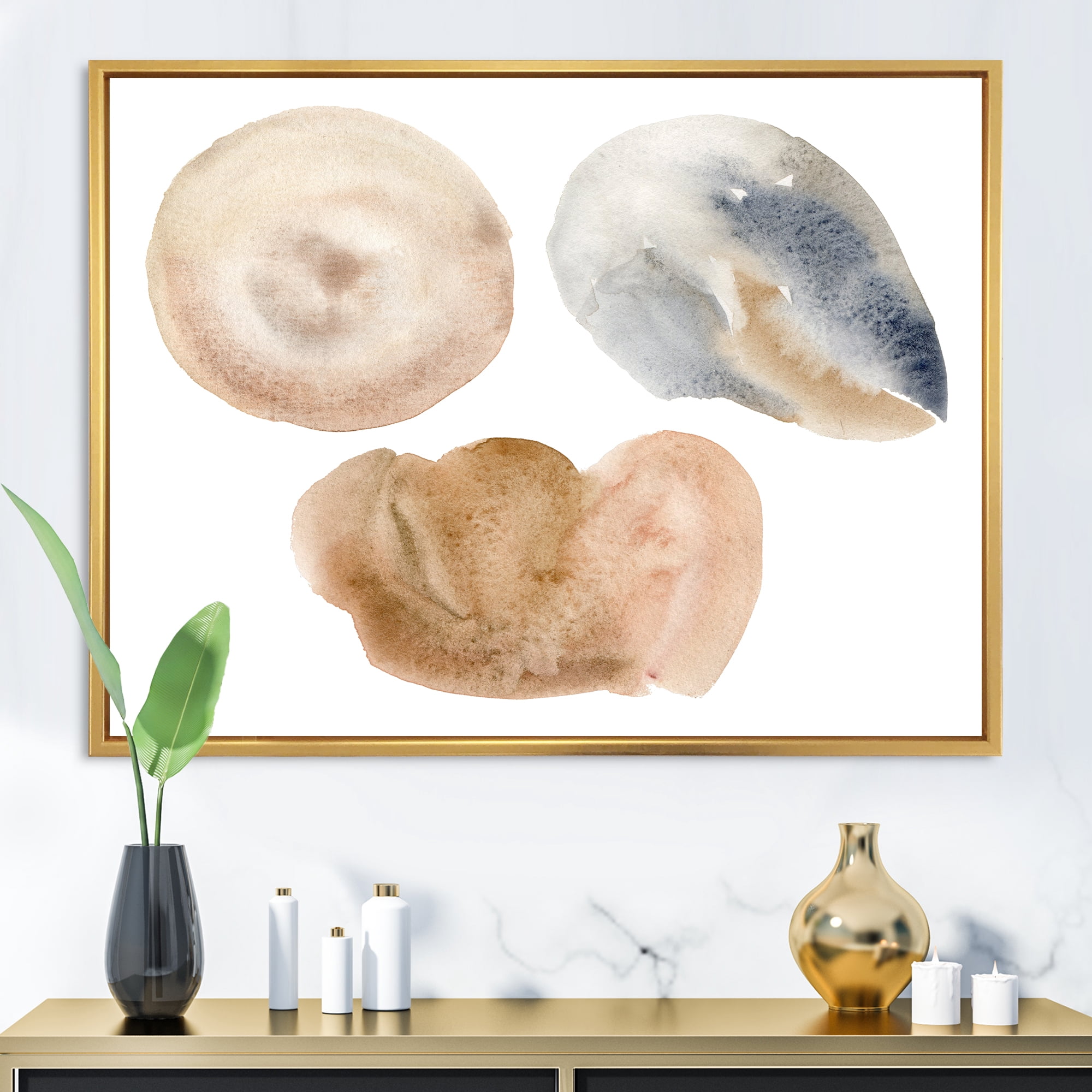 Holiday Set With Abstract Beige and Blue Circle Spot 40 in x 30 in Framed Painting Canvas Art Print, by Designart
