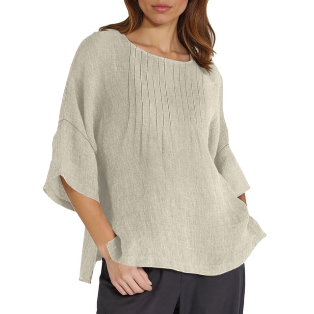Daznico Hauts pour Femmes, Hauts d'Été pour Femmes, T-Shirts à Manches 3/4 Col Rond Imprimé Floral Ample Décontracté Tunique en Lin Blouse, T-Shirts pour Femmes, Chemises pour Femmes