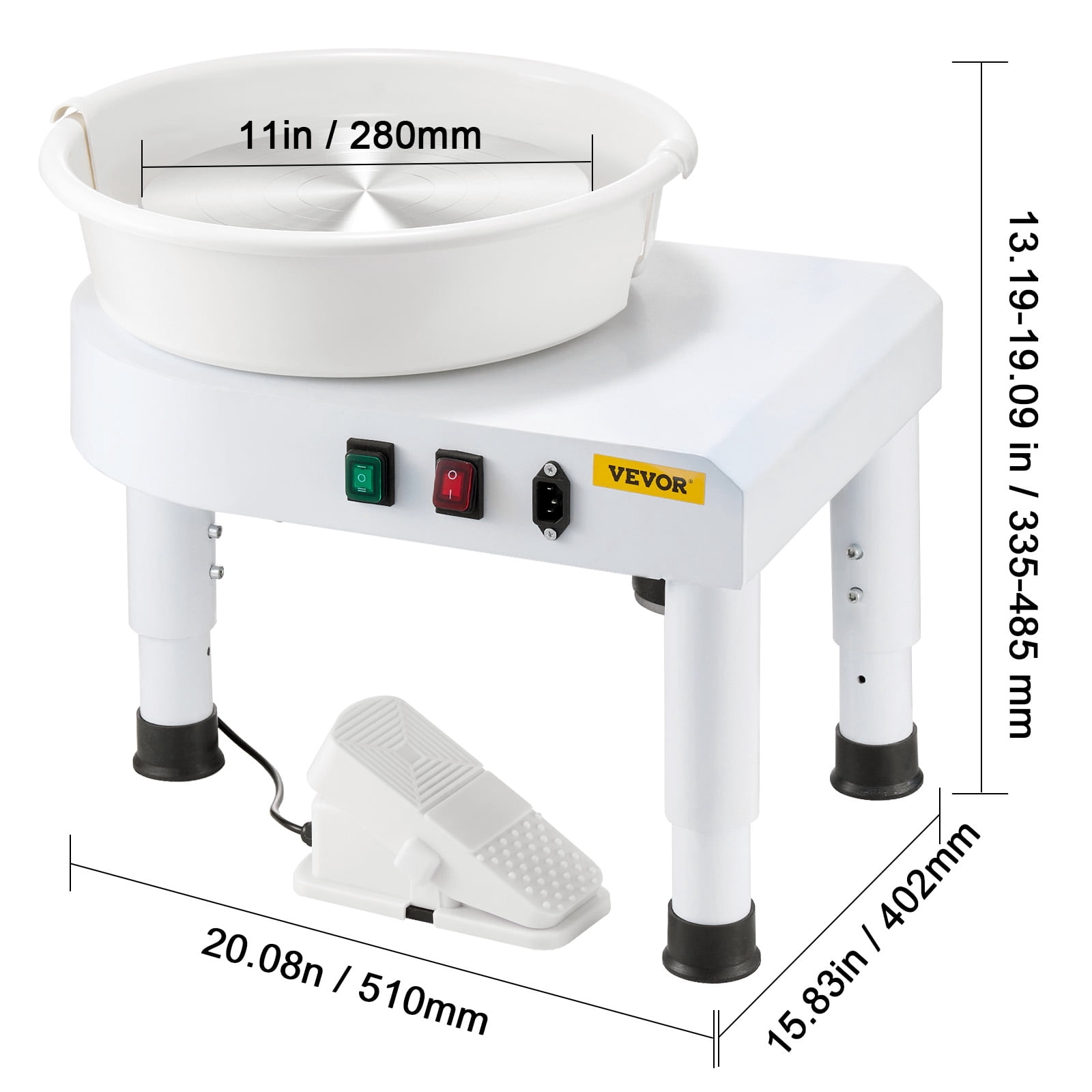 VEVOR Pottery Wheel, 11 in Ceramic Wheel Forming Machine, 60-300 RPM Speed Adjustable Foot Pedal, Adjustable Lift Leg, Detachable Basin, Complete Tool Accessory Kit for Work Art Craft DIY, White