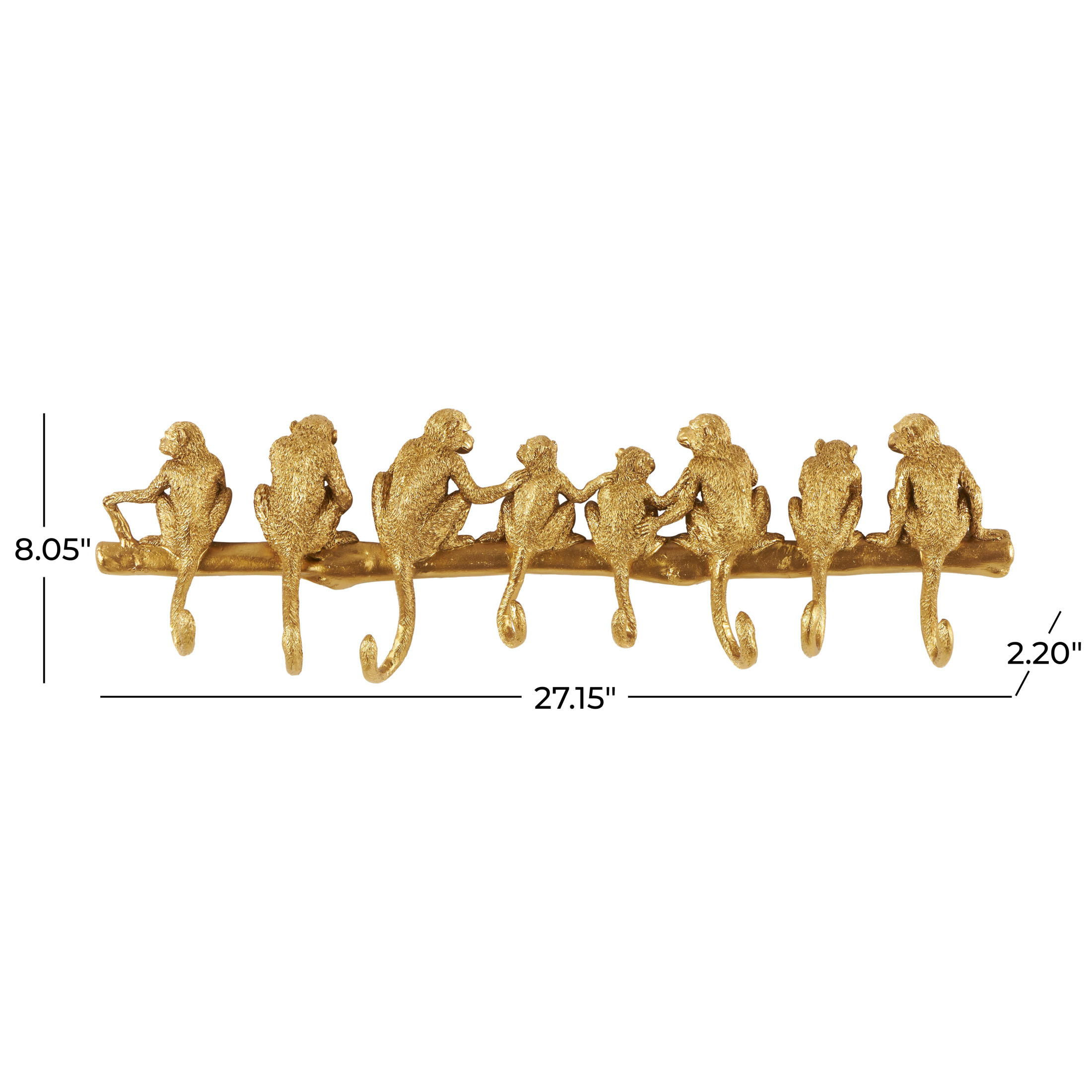 DecMode 27" x 8" Gold Polyresin Textured 8 Hanger Monkey Wall Hook, 1-Piece