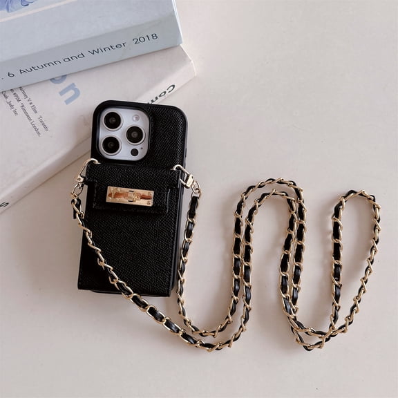 Stylish wallet shoulder strap metal chain phone case for iPhone 16 Pro Max 15pro 14 13 12 Lady leather card holder cover