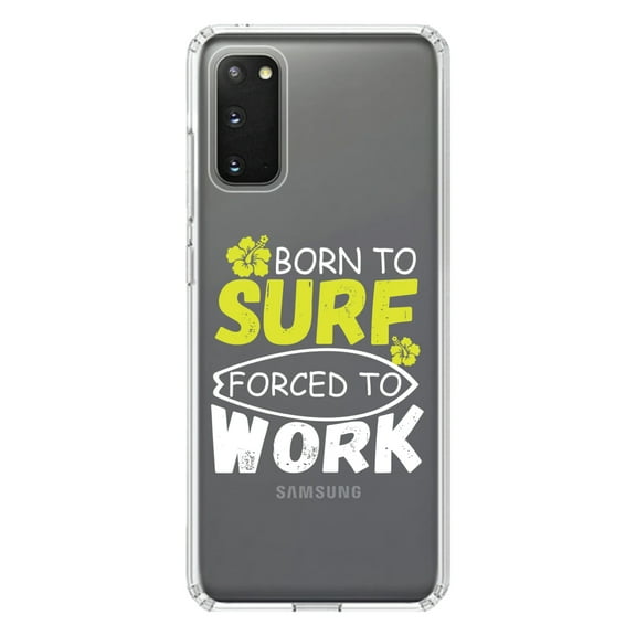 DistinctInk Clear Shockproof Hybrid Case for Galaxy S20 PLUS / 5G (6.7" Screen) - TPU Bumper Acrylic Back Tempered Glass Screen Protector - Born to Surf Forced to Work