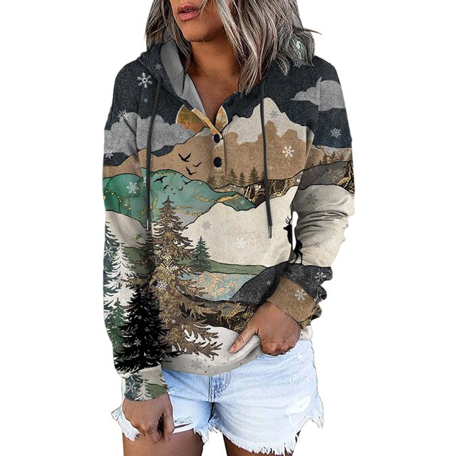 Sweat à Capuche d'Hiver pour Femmes, Pull de Mode Mi-Long, Blouse Ample Imprimée de Noël, Pull de Noël, Cardigan à Col Rond Chaud